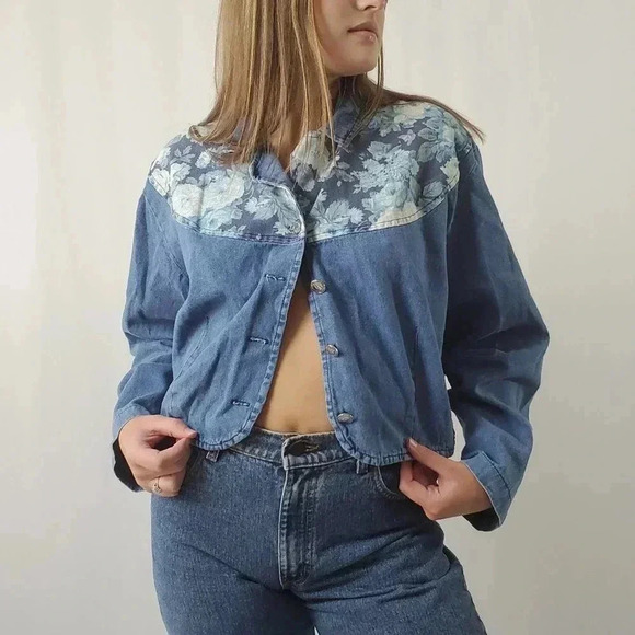 Vintage 90s Floral Western Cropped Denim Shacket Shirt - Picture 5 of 10